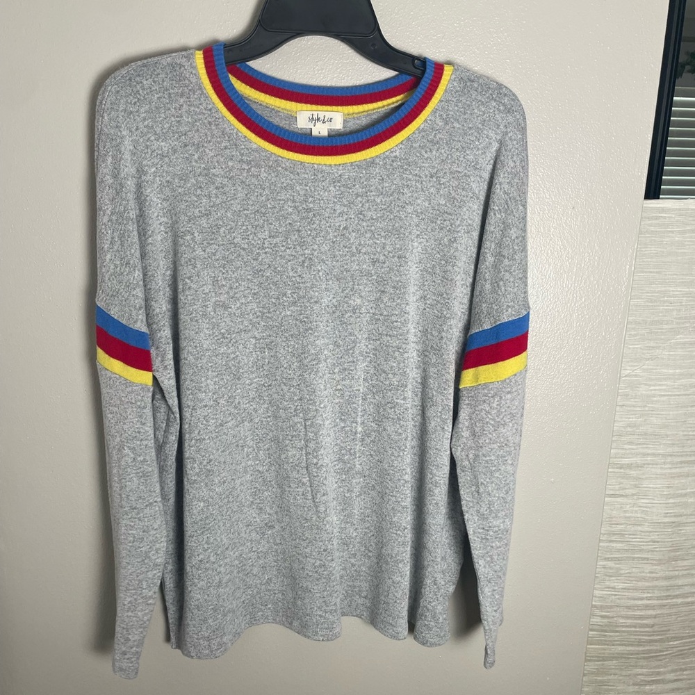 Style & Co. Gray Crewneck Sweater with Colorful Stripes